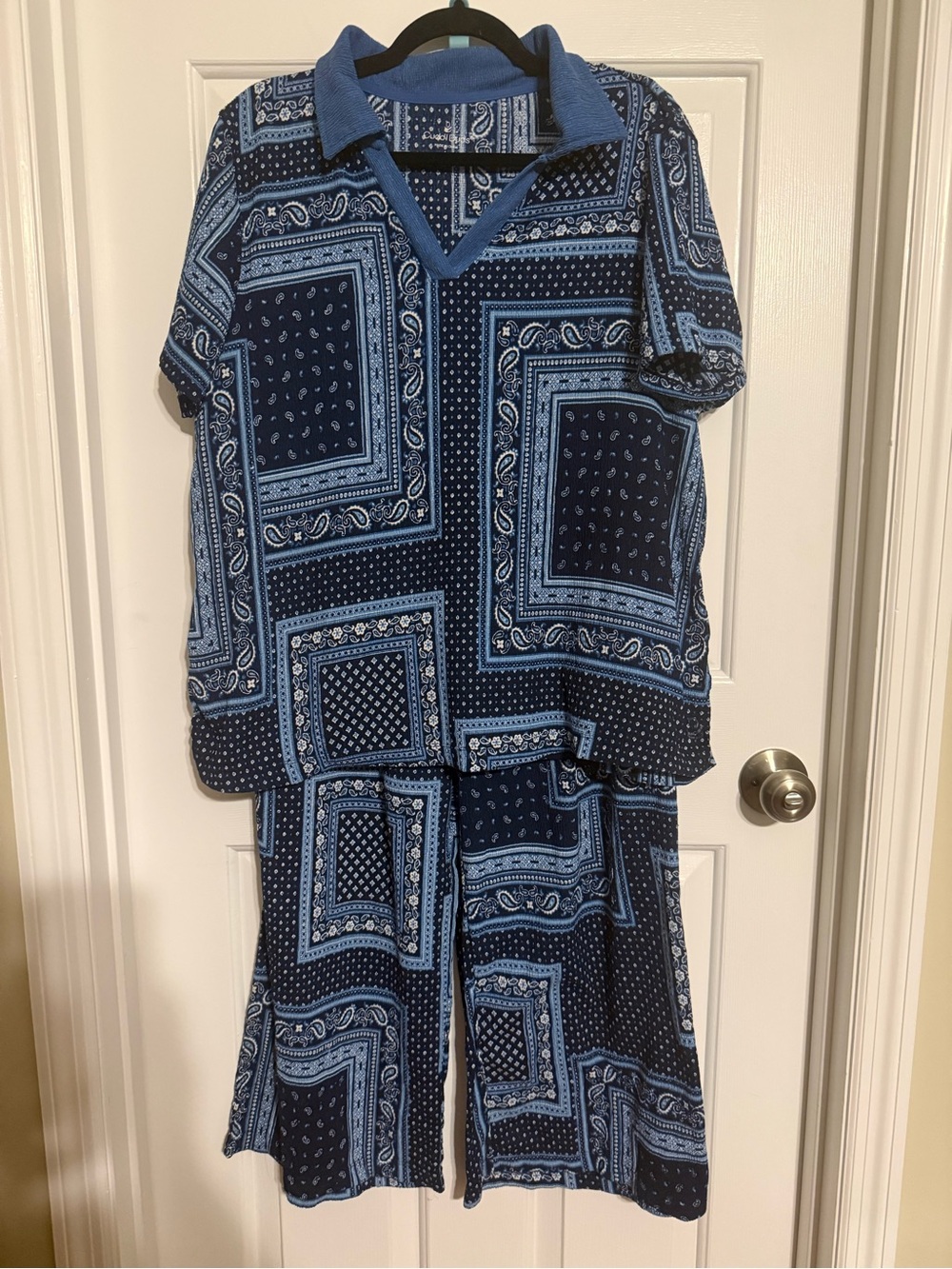 Cuddl Duds 2 Piece Pajama Lounge Set Blue Bandana Paisley Collared Top Pants L